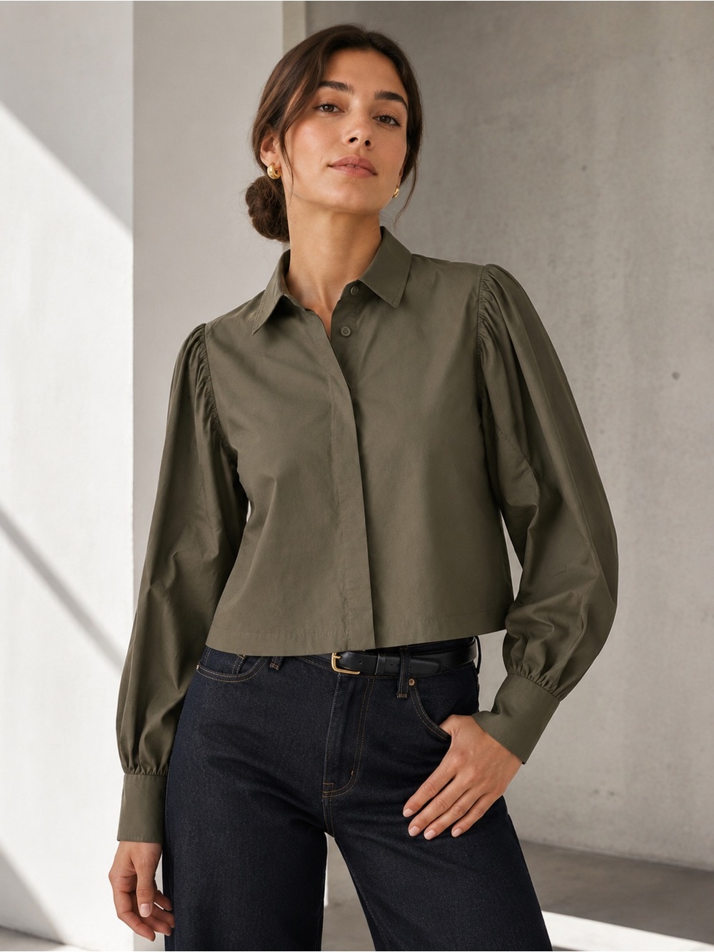Zara Olive Green Cropped Puff Sleeve Button Up Shirt Size M